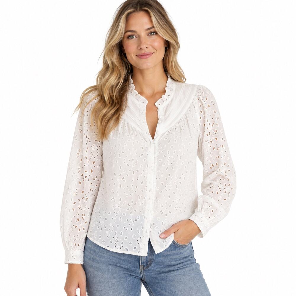 Cottagecore eyelet white button up top. V neckline Feminine long sleeve women M